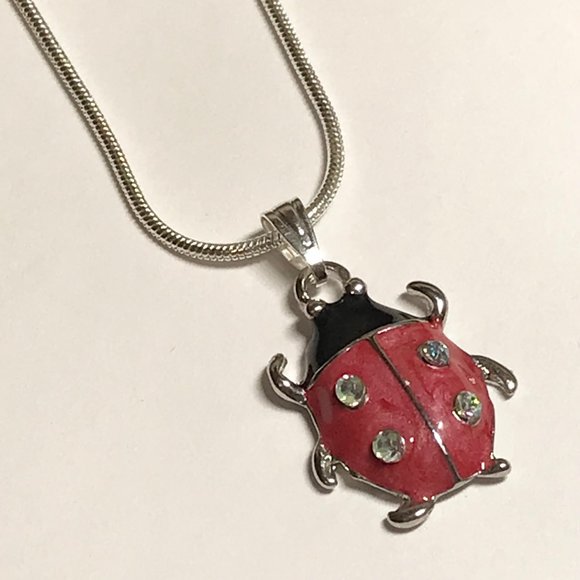 Ladybug Pendant Necklace Crystal Silver Plated 18" Chain Insect Red Enamel - Picture 10 of 12